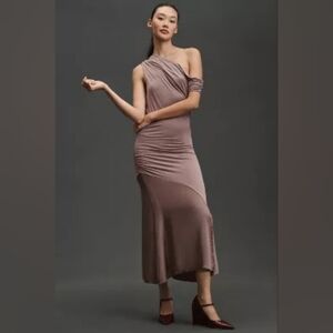 Anthropologie Asymmetrical Look Slim Midi Dress Taupe One Shoulder